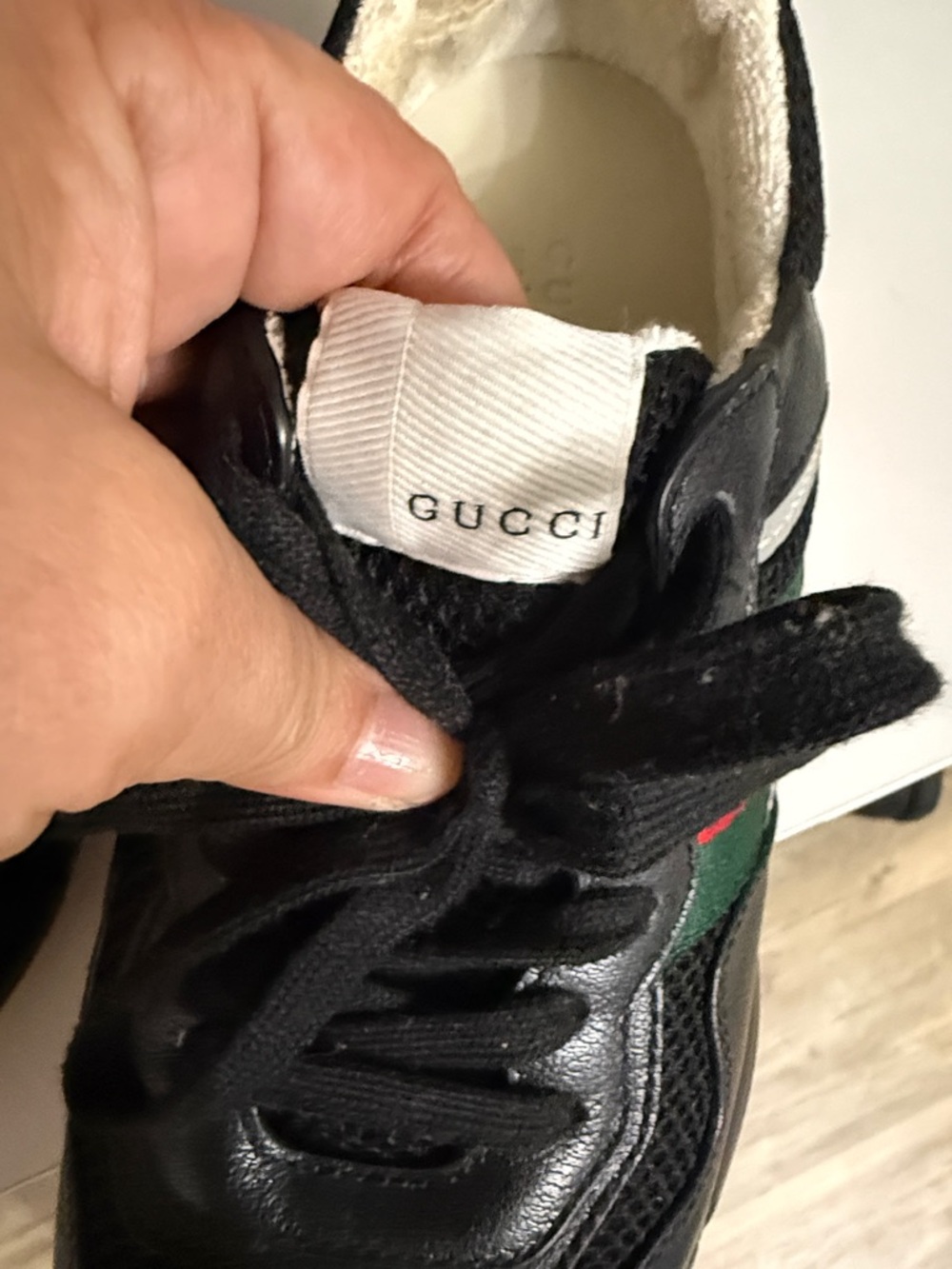 Gucci Black Leather Sneakers with Red and Green Web Stripe and Red Heel - Picture 2 of 8